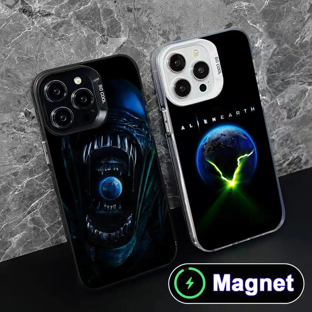 Cover per iPhone Alien Earth per modelli 17 16 15 14 13 12 11 Air Pro Max Plus, colorata, argento, con magnete