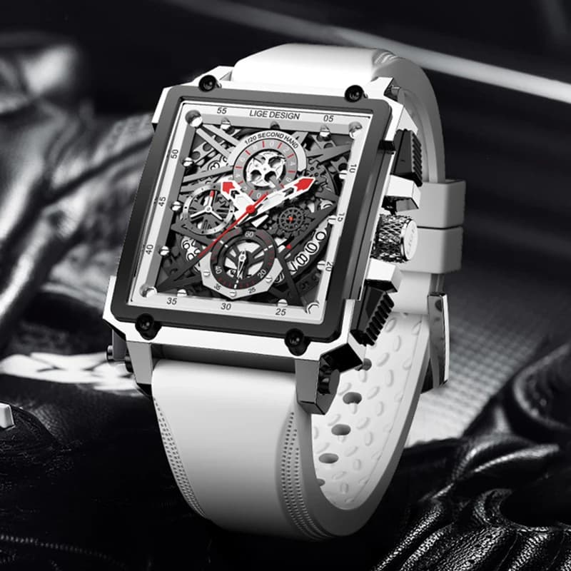 Orologio da Polso LIGE Creativo con Quadrante Quadrato Cavo, Moda Uomo, Cinturino in Silicone Bianco, Impermeabile, Luminoso, al Quarzo, Cronografo Sportivo