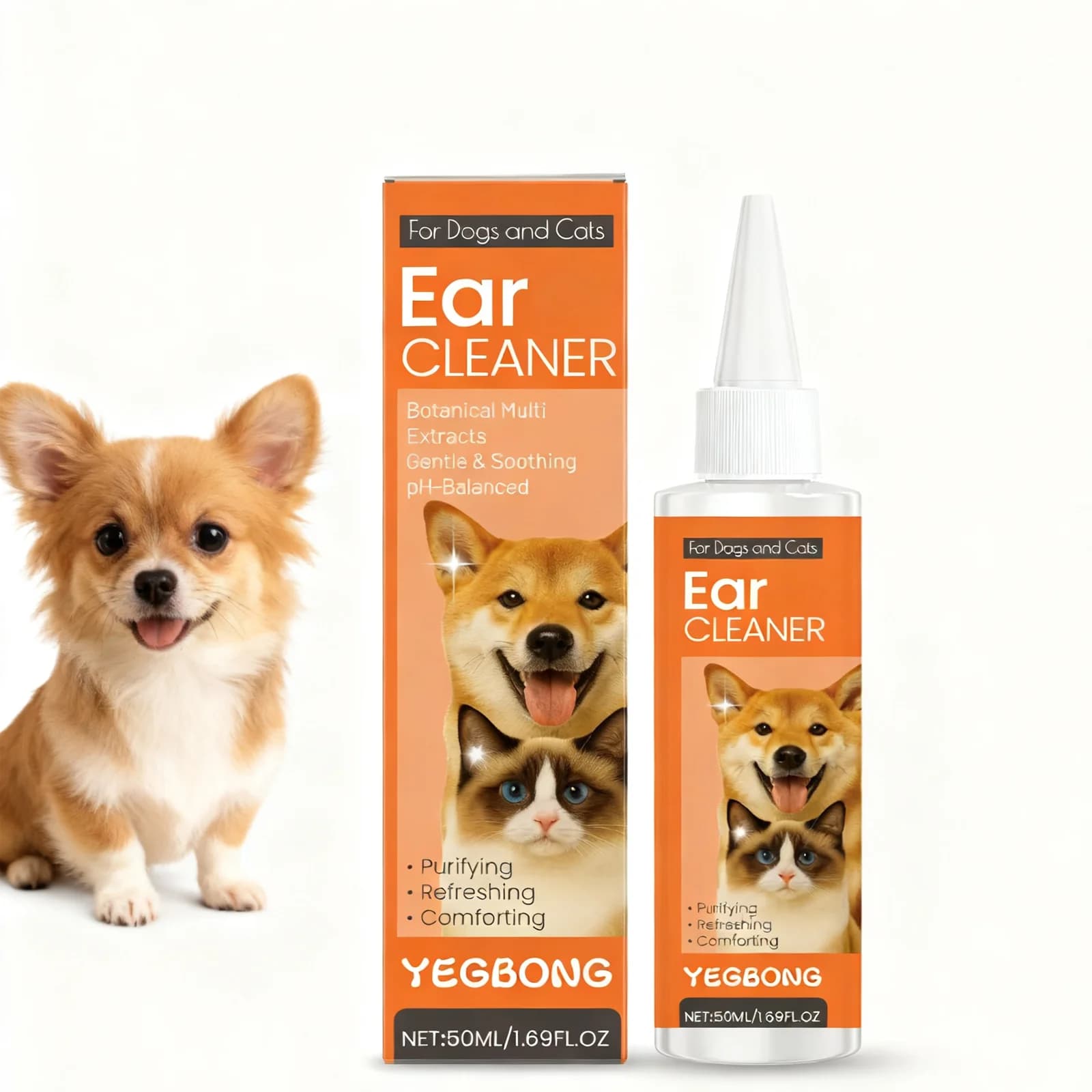 Yegbong Gocce detergenti per orecchie per animali domestici per cani 50 ml - Rimozione del cerume Eliminazione degli odori Cura idratante per le orecchie