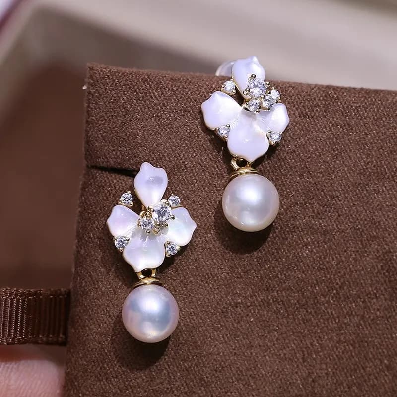 MeiBaPJ Fashion Flower Pendant Earrings with 8mm Natural Nearround Beads, 925 Silver Wedding Jewelry for Women