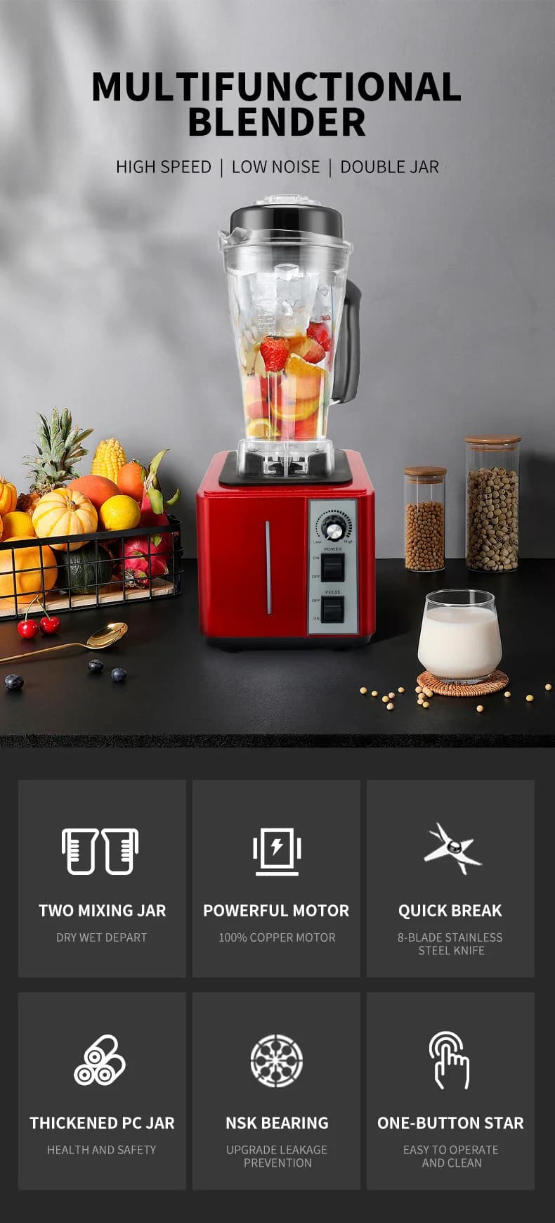 TULX Frullatore Industriale Commerciale 2 in 1 con Contenitore da 2L, Macchina per Frullati e Mixer