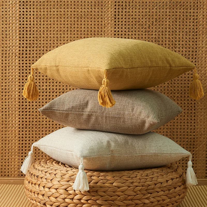 Fodera per cuscino in lino rustico 45x45 cm con nappe Federa lombare netural Federa per cuscino solida decorativa morbida per divano divano letto
