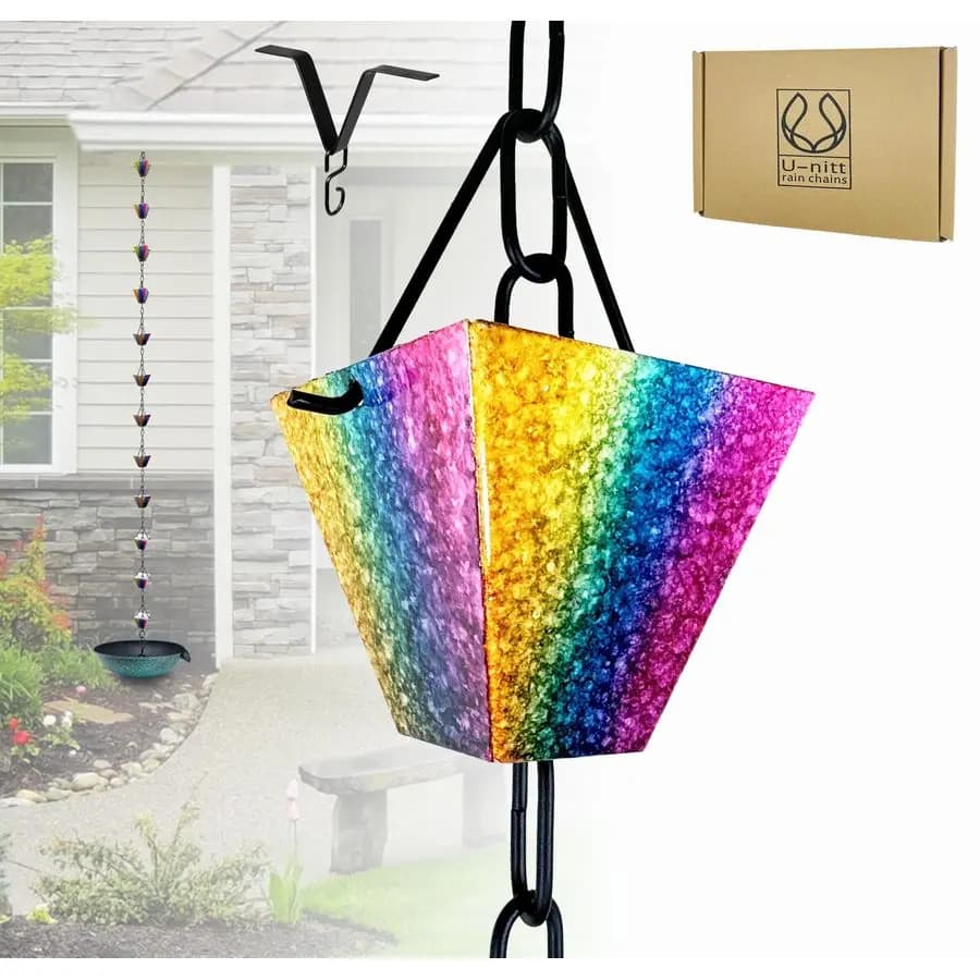 Catena di raccolta acqua piovana per grondaie, collettore e deviatore di acqua piovana, catene da 8,5 piedi per giardino esterno, tazze quadrate arcobaleno, R