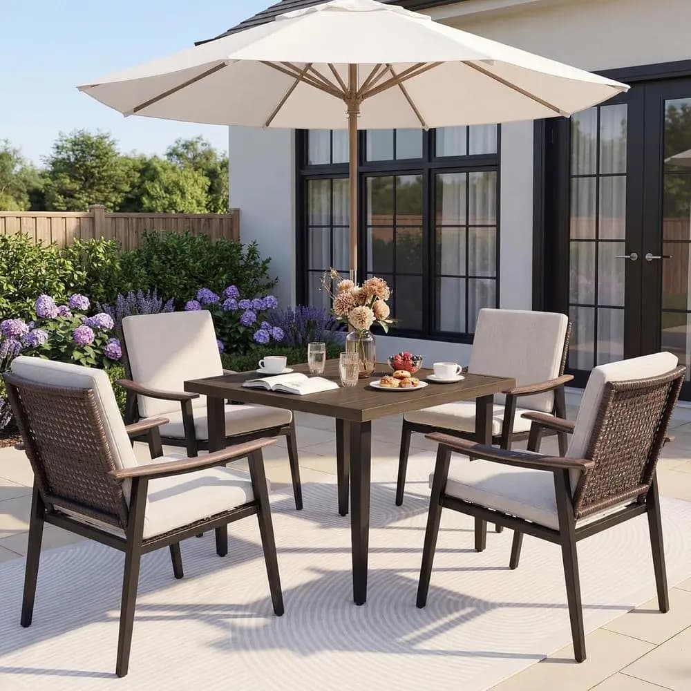 Set da pranzo da giardino in rattan da 5 pezzi con sedie imbottite e tavolo effetto legno
