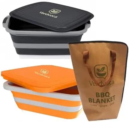 2Pcs XL Collapsible BBQ Prep Tubs w/Cutting Board and Lid &1 x 21 Inch Tyvek Brown BBQ Blanket for Resting Meat