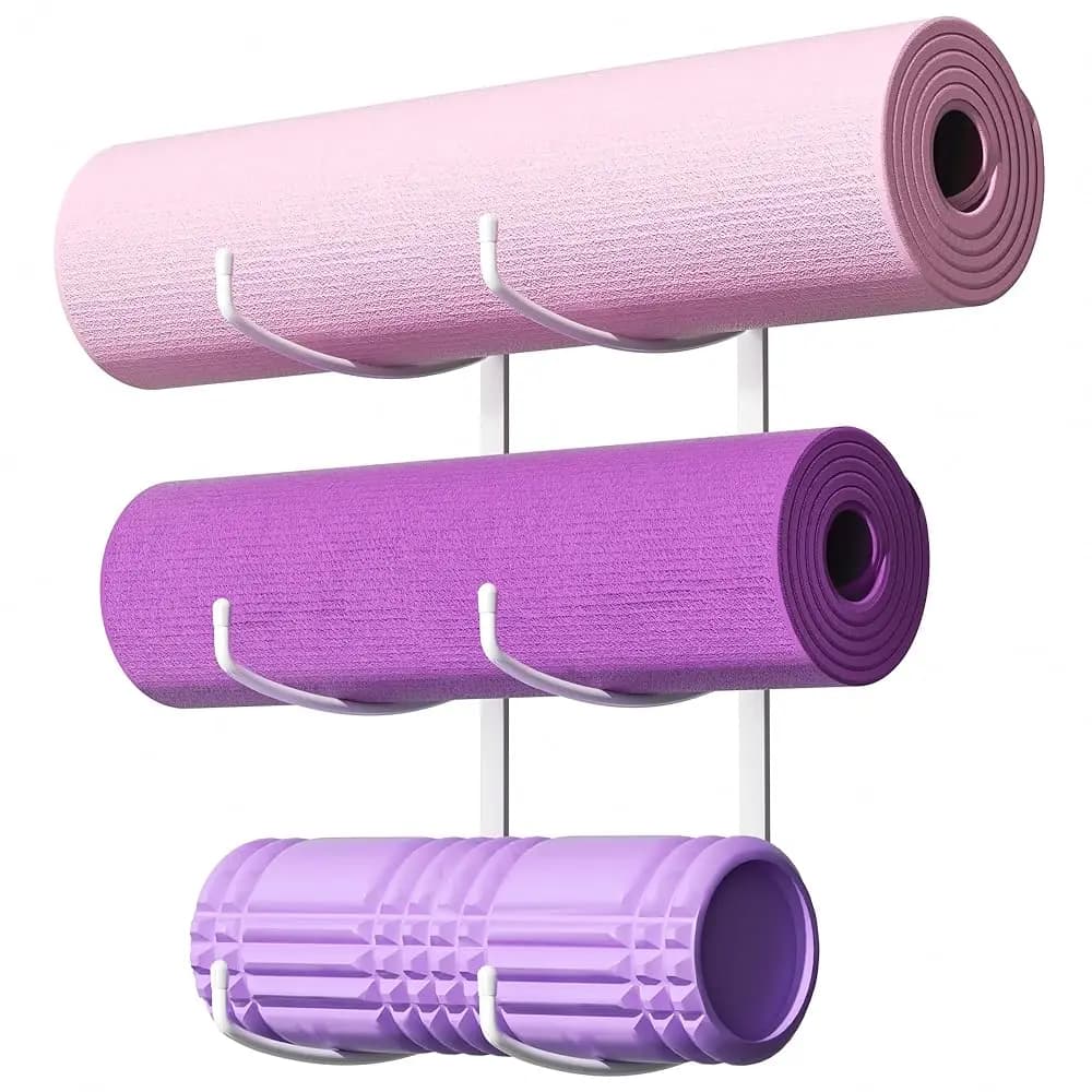 Supporto da parete per tappetini yoga, scaffale a 3 livelli per tappetini yoga, rulli in schiuma, blocchi, accessori yoga, organizer da parete per la casa