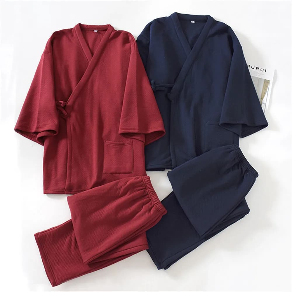 Japanese men's bathrobe Yukata Pigiama Set Air layer Inspection Kimono Pants Home Service Two-piece suit Yukata Pijama Suit
