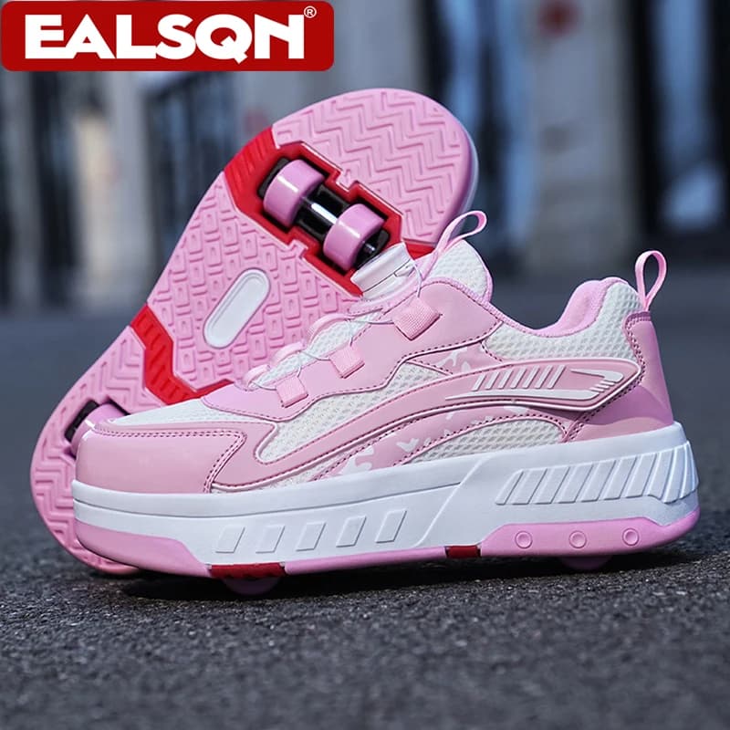 Children's Girls 4-Wheels Roller Skates Shoes Breathable Mesh Sneakers for Kids Boys Outdoor Sport Running Size 30-40