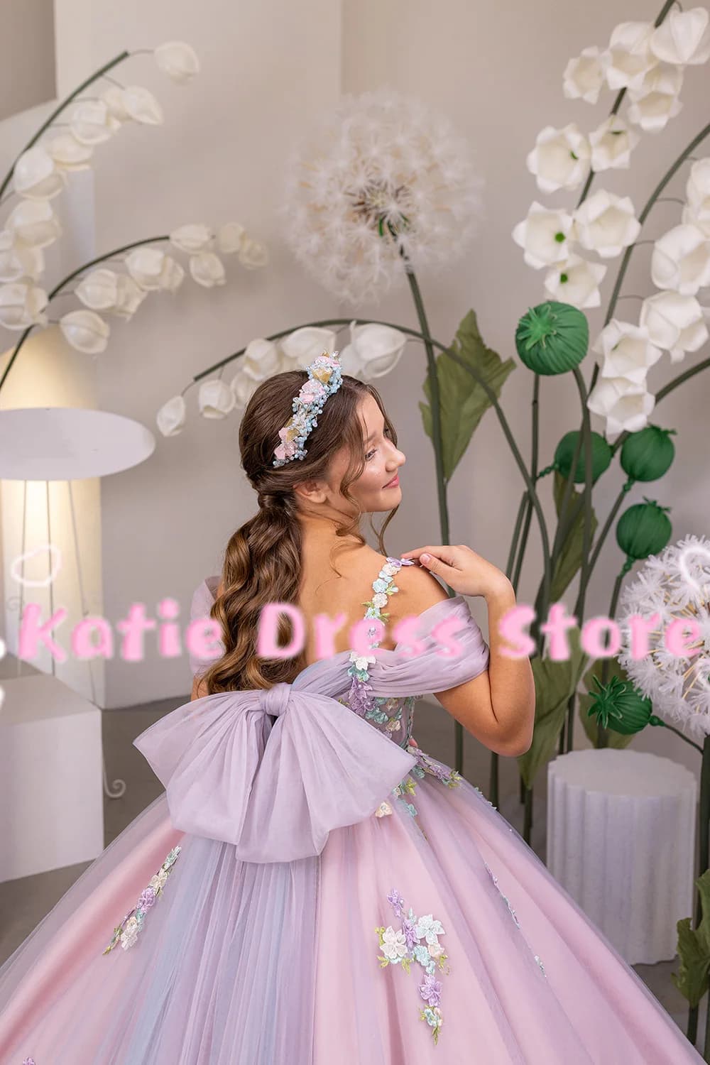 Elegant Damigella Wedding Dress in Tulle with Applications and Bow, Princess Dress for Birthday Party, First Communion, Custom Dance Dresses