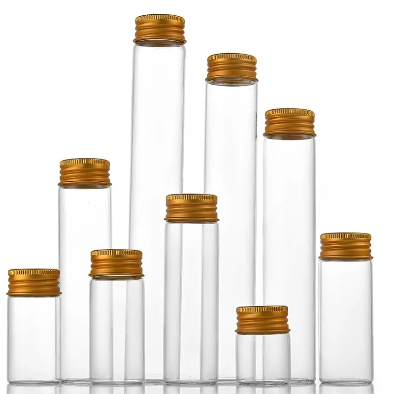 Flacone in vetro trasparente da 7-30ml con tappo in alluminio oro piccola provetta caramelle spezie stoccaggio bottiglie vuote riutilizzabili da viaggio