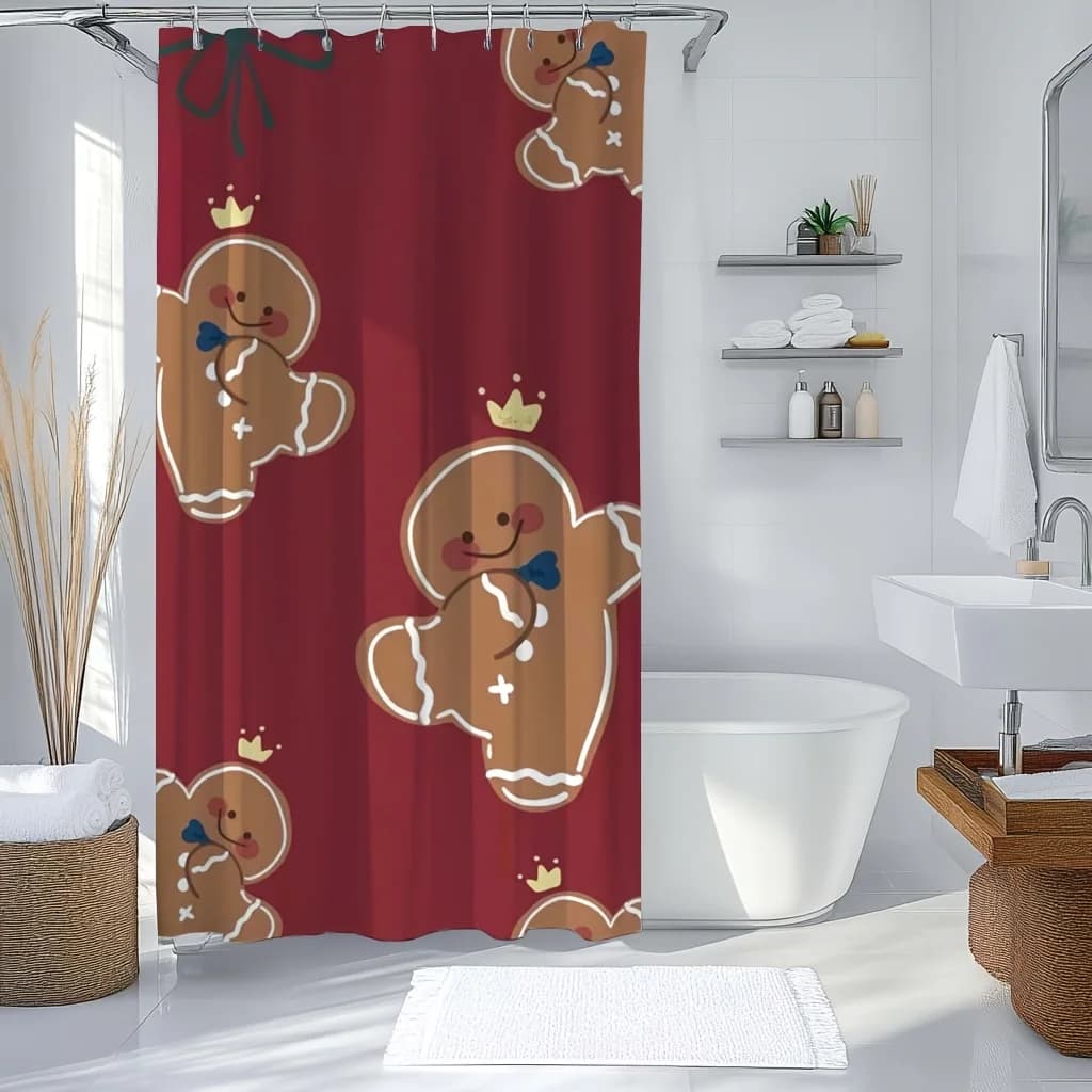 Set tenda da doccia 1 pezzo Gingerbread Man - Stampa digitale alla moda e carina con decorazione fiocco rosso, tessuto in poliestere