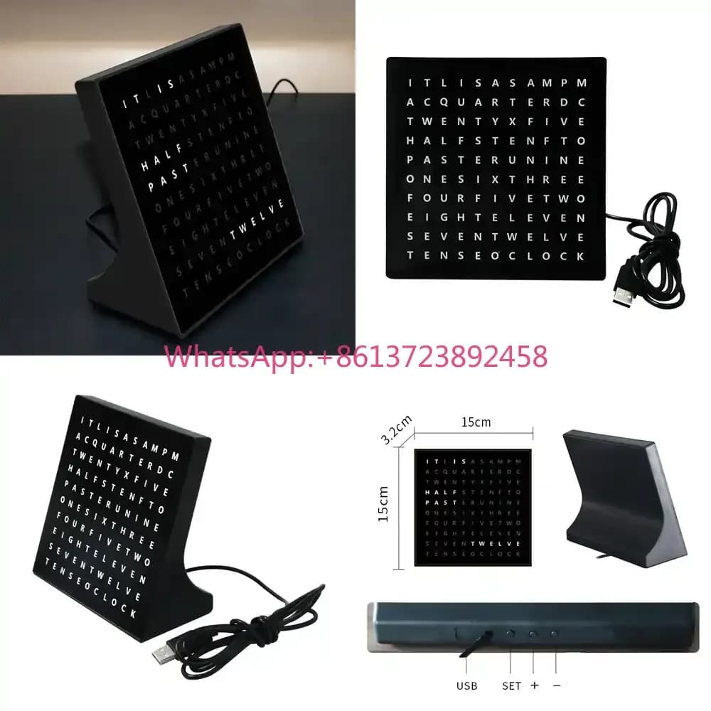 Modern Design Digital Eco-friendly Metal USB Powered Electronic Accent Wall Desk Clock Unique Home Decor LED Light-Up Word