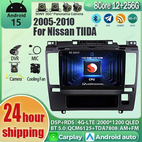 Android 15 Carplay Auto Qualcomm 2K QLED Schermo Lettore di autoradio per Nissan TIIDA 2005-2010 GPS Stereo Wifi BT 4G Navigazione DSP