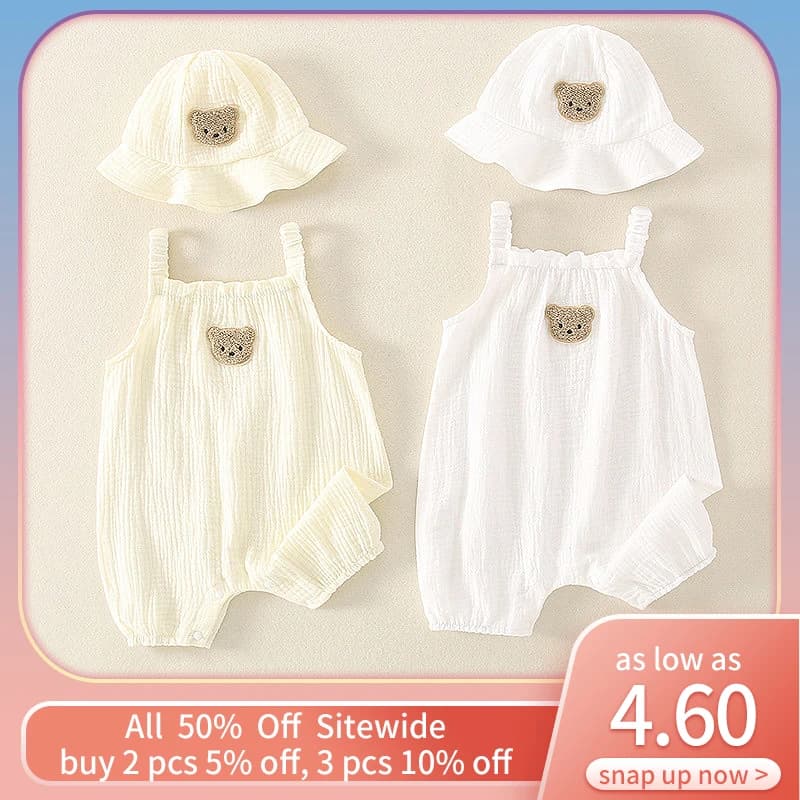 Set di 2 Pezzi Abbigliamento Estivo per Neonati con Cappello, Tutina con Orsetto e Cappello da Pescatore per Bambini e Bambine