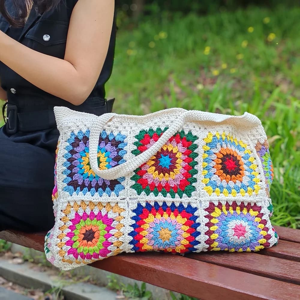 Women Crochet Granny Square Bag Knitted Handbag Large Capacity Tote Shoulder Bag for Grocery Shopping