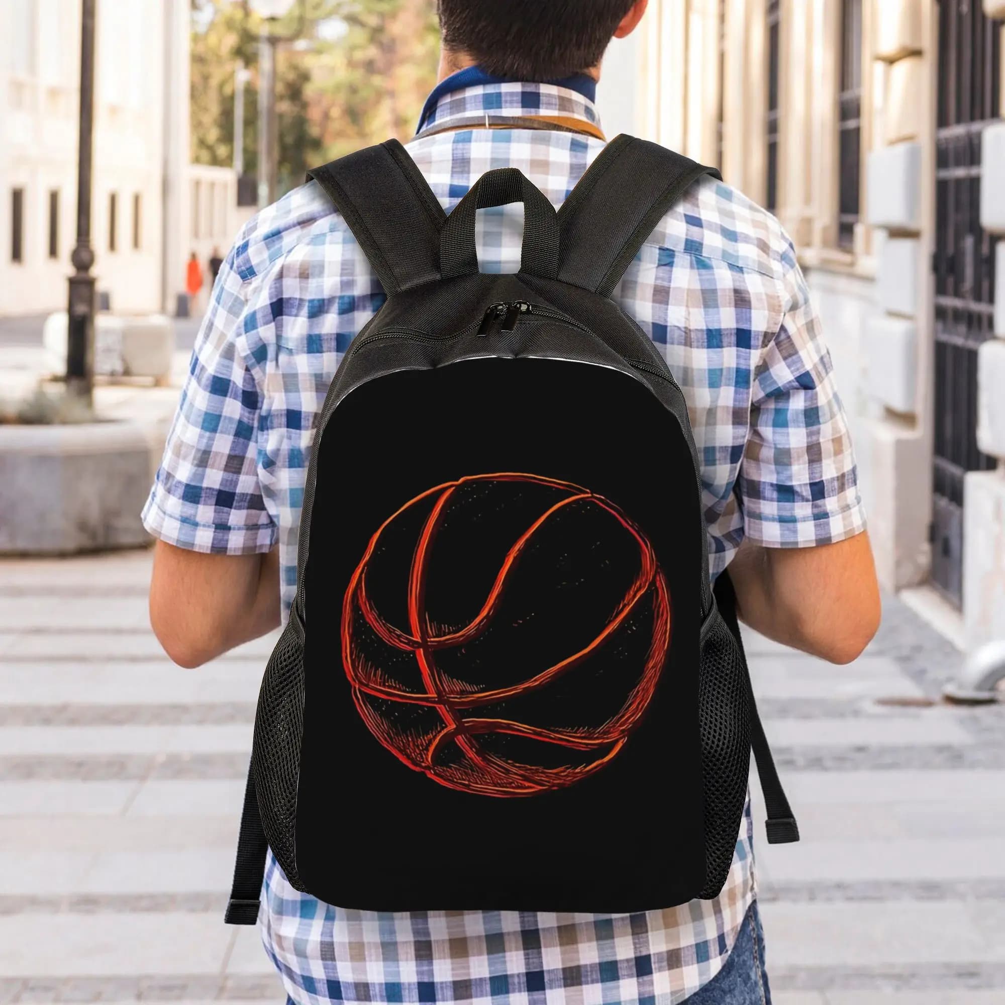 Men's & Women's Themed Backpack with 3D Jigsaw Puzzle Print - Black & Red/Orange Hoop Design, Durable College Travel Backpack for Fans, Casual Use, Gift for Players (No -Free Operation)