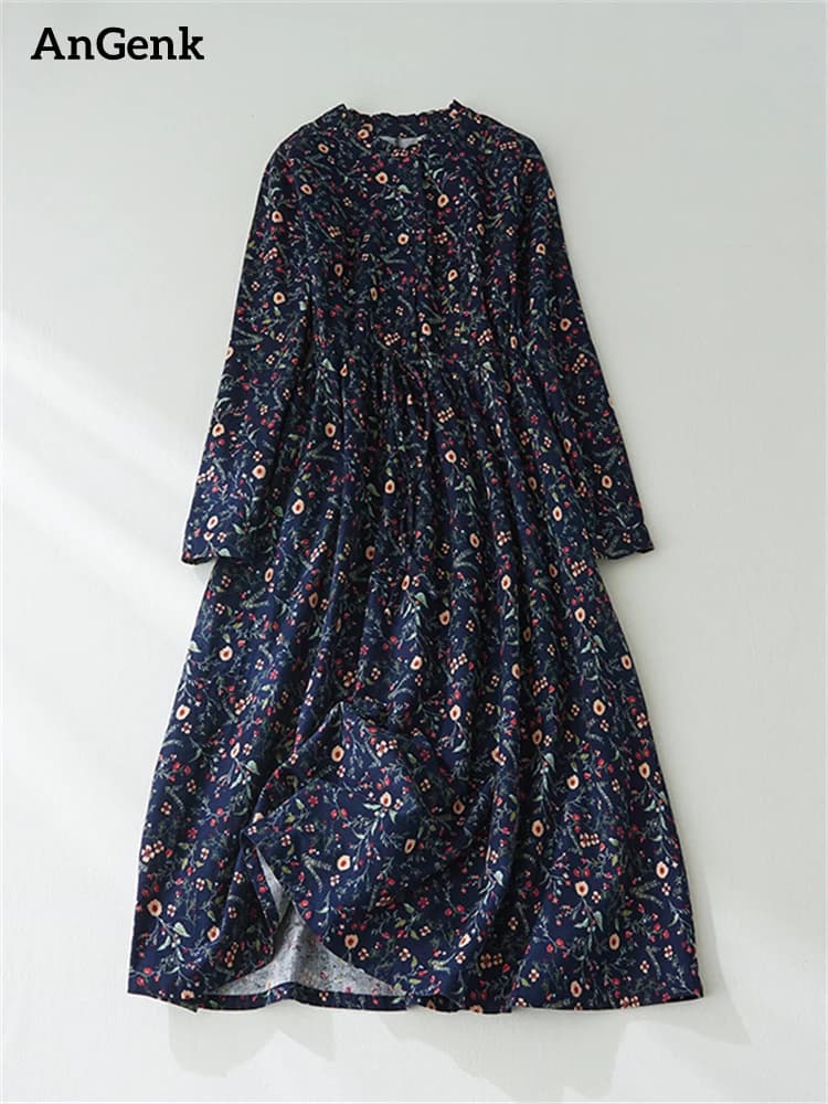 Vintage Dresses with Cotton Print for Women 2025 New Spring Autumn Casual Long Office Lady Work Art Dress Femme Robe Elegant Clothing