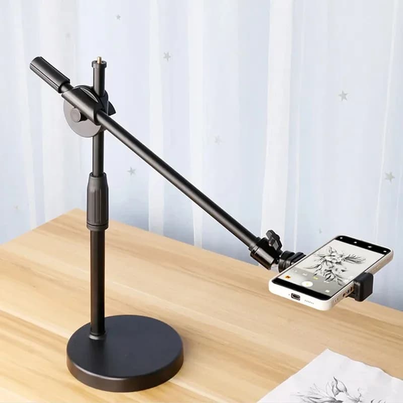 Supporto per treppiede sopraelevato da tavolo con supporto per telefono cellulare ad anello leggero e braccio per treppiedi da tavolo per fotografia di nail art