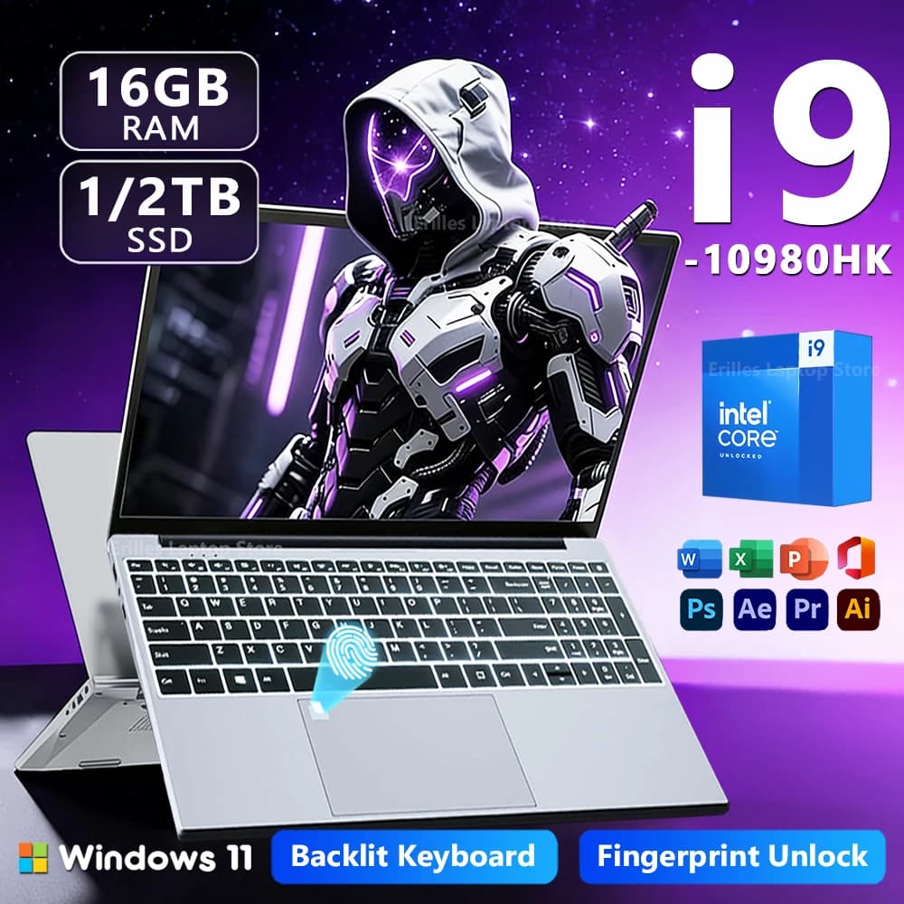 Laptop da 15.6 pollici Intel Core i9 10980HK, PC da gioco con Windows 11, 16GB di RAM, SSD da 1TB/2TB, sblocco con impronta digitale, retroilluminazione tastiera 1080P