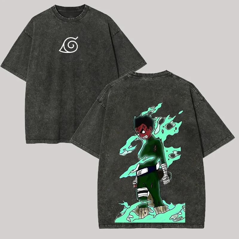 T-Shirt Rock Lee Eight Gates, Naruto Vintage Effetto Acid Wash, Streetwear Oversize, Grafica Anime Retrò, Maglietta in Cotone per Uomo