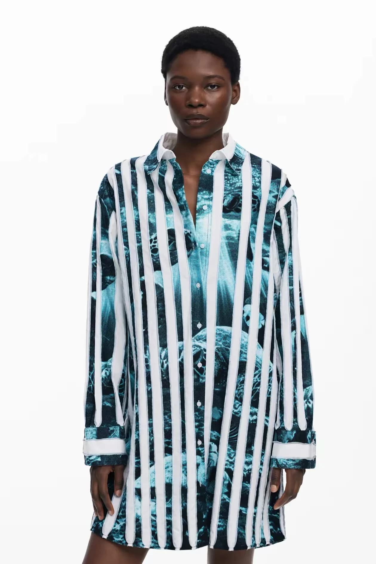 European, American, Spanish original single color collision splicing print square neck loose shirt cotton designer style