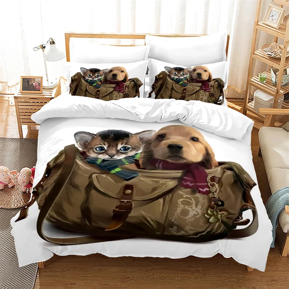 Set copripiumino per cani e gatti Stampa 3D Simpatici animali Kawaii Copripiumino in poliestere King Queen Size per set biancheria da letto per ragazza ragazzo bambino