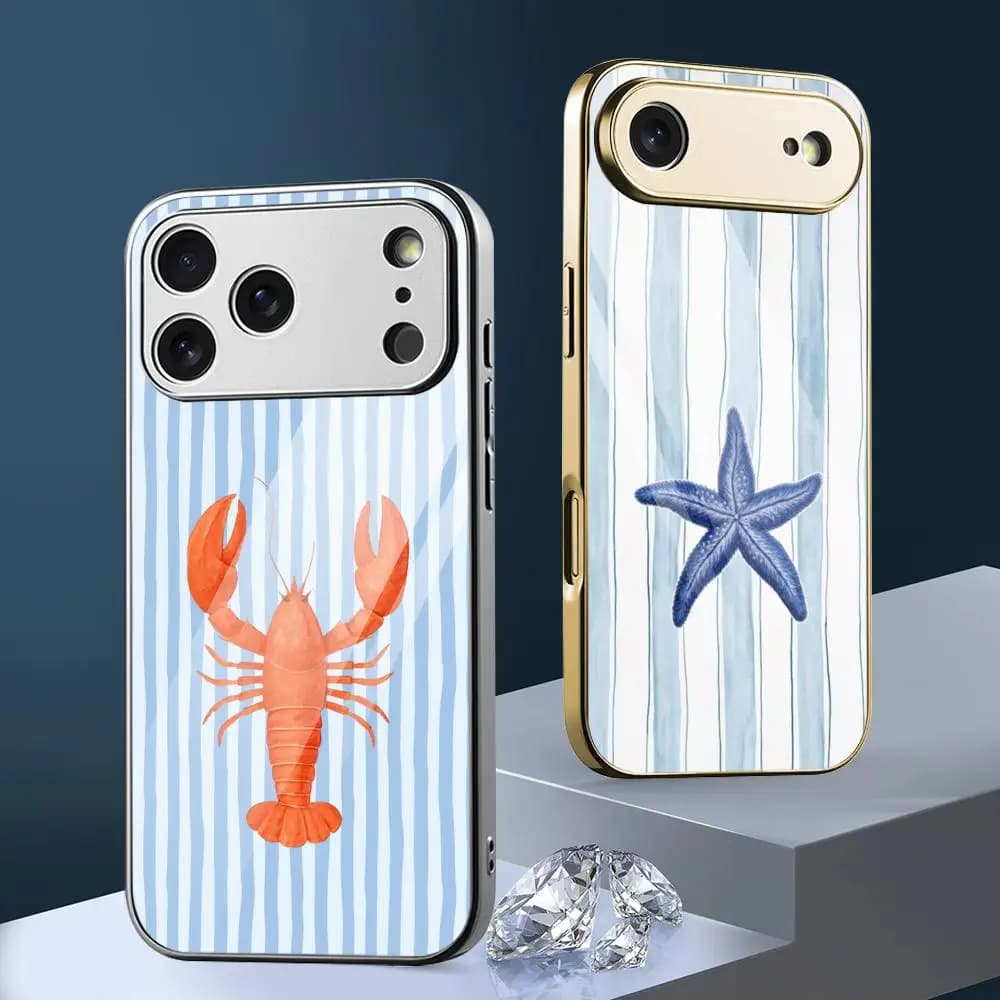 Cover Protettiva in Metallo Elettroplaccato con Retro in Vetro per iPhone 17 16 15 14 13 12 Pro Max Plus, Design Granchi della Vita Marina