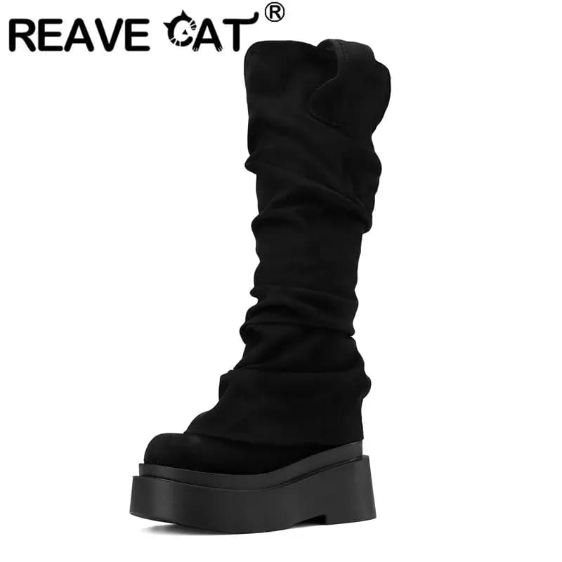 REAVE CAT Women Western Knee Boots Flock Suede Thick Heels 8.5cm Platform 5.5cm Slip On Pleated Big Size US13 43 44 Fashion Bota