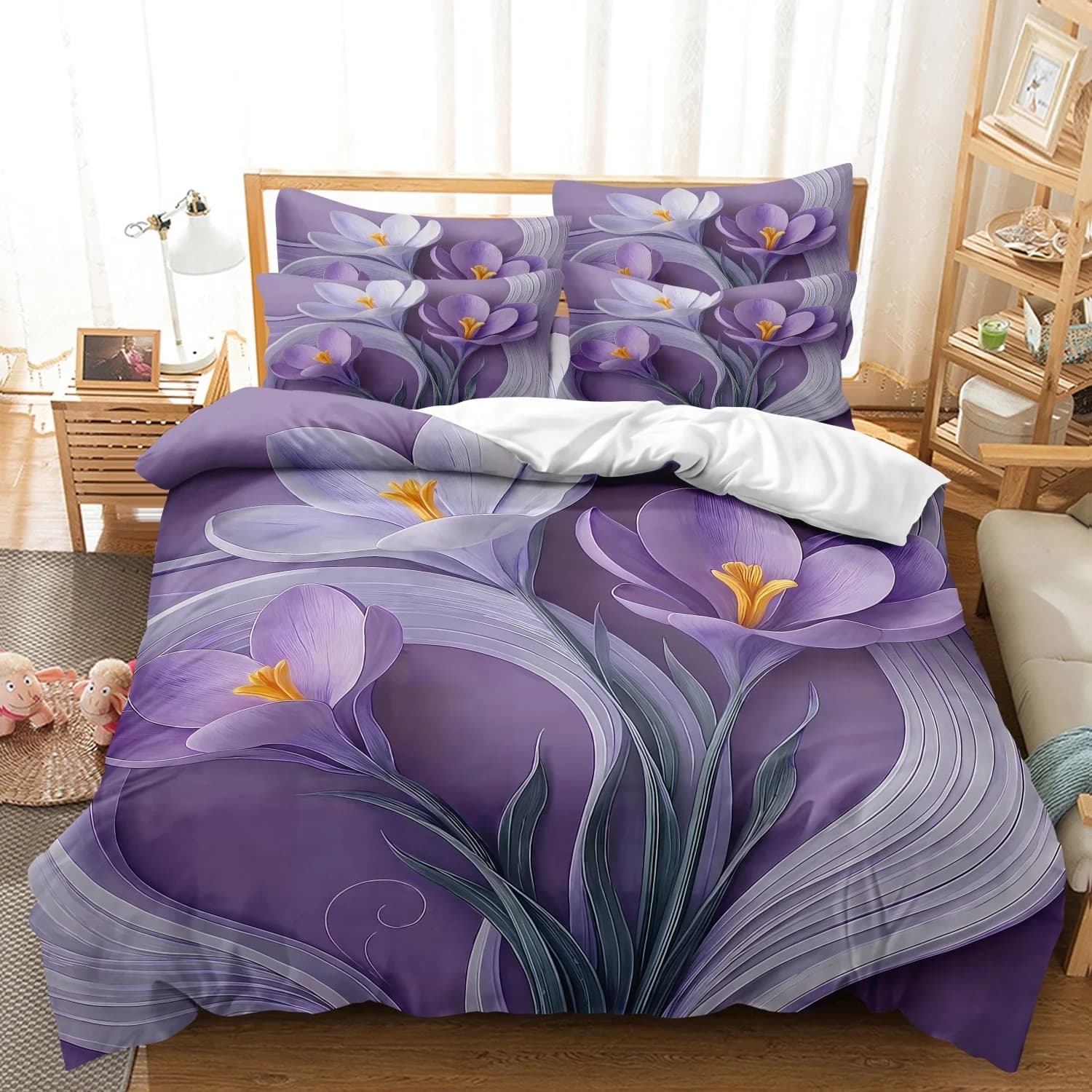 3 Pieces Luxury Romantic Purple Gradient Crocus Floral Duvet Cover Set, Curved Art Line Flower Stem Print Bedding