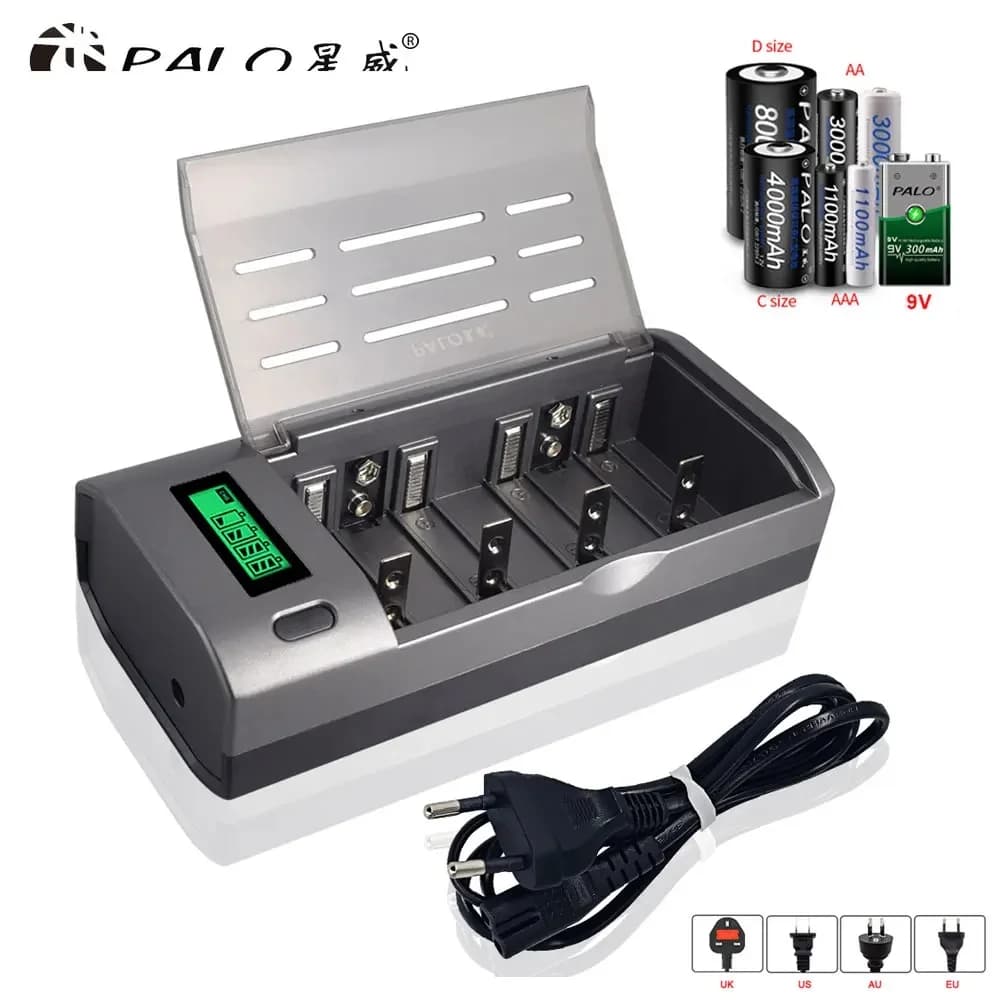 Caricabatterie Intelligente PALO a 4 Slot con Display LCD per Batterie Ricaricabili AA/AAA Ni-MH/Ni-Cd da 1.2V o Batterie C/D LR20 NiMH/Ni-Cd da 9V