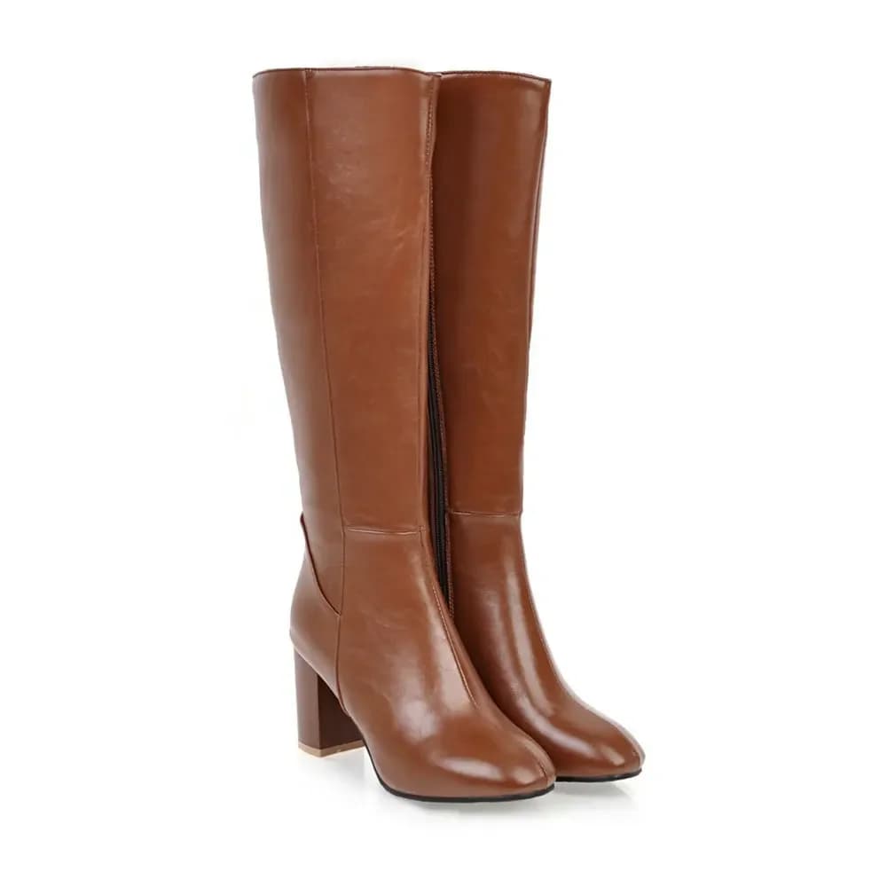 2026 Winter High Quality Leather Women Knee-high Boots Flats Heel Ladies Elegant Square Toe Back Zipper Long Boots