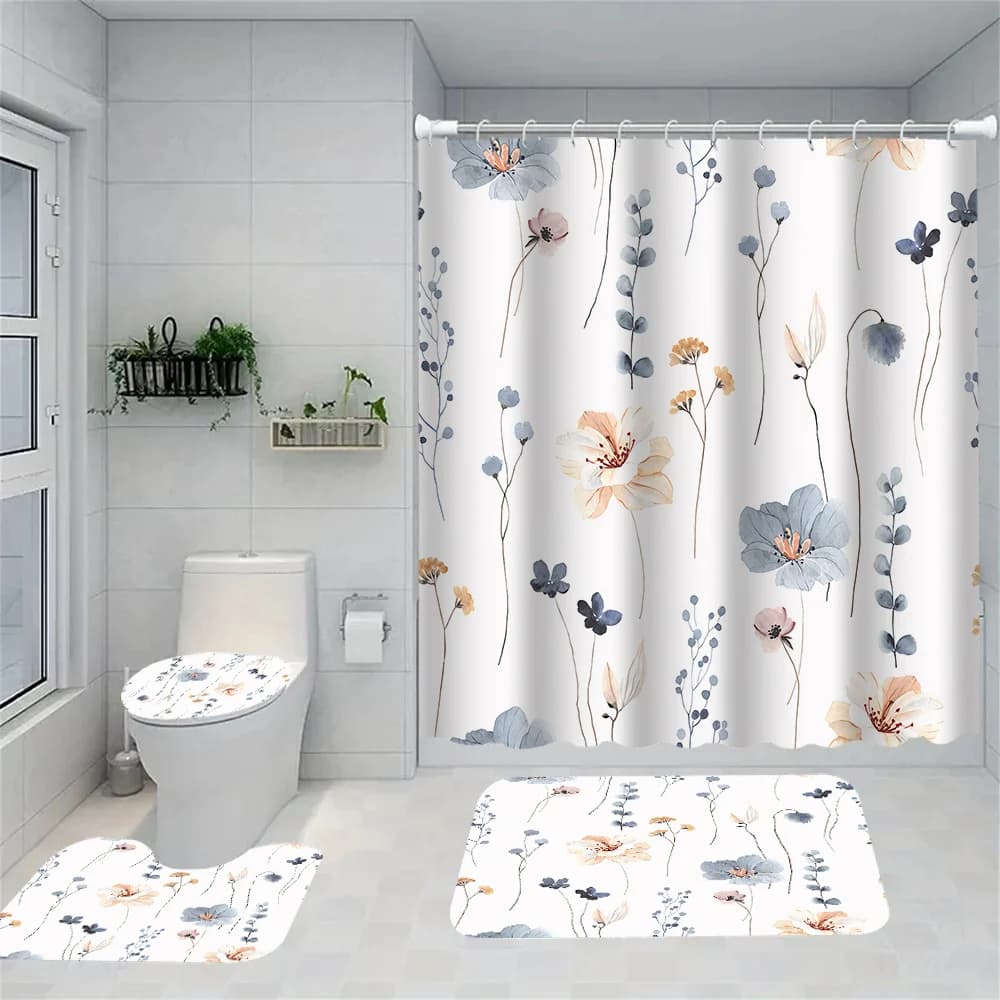 1/4 Tende da doccia con fiori e piante, Decorazione per sedili WC, Tenda da doccia con moquette e coperchio per WC, Hoo da 12 70,8x70,8 pollici