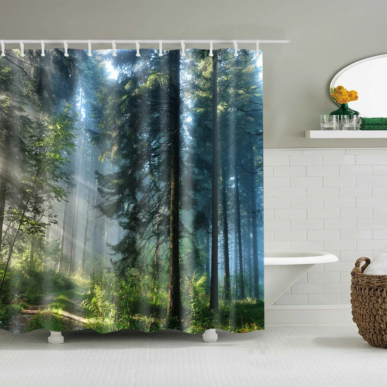 Scenario naturale Foresta verde Design Tenda da doccia Bagno Tenda da bagno in tessuto poliestere impermeabile antimuffa con 12 ganci