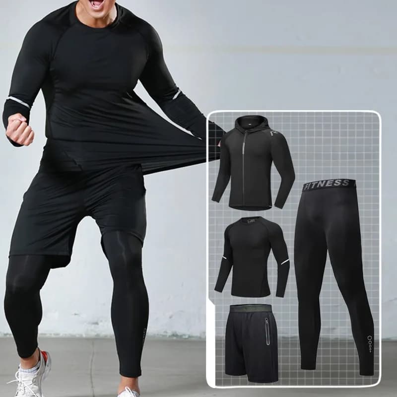 Men's Sports Set 4 Pieces: Long Sleeved Jacket with Pockets, Running and Cycling Shorts, Leggings, Active Sports Clothing for Coaching