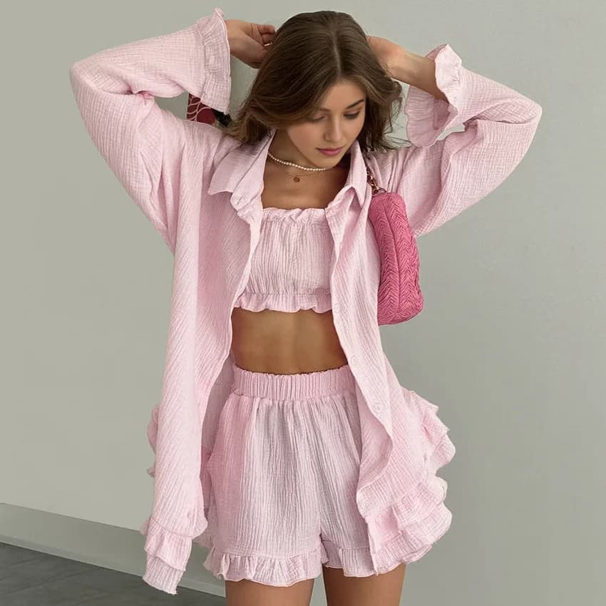 Set Pigiama da Donna 3 Pezzi Estivo con Maniche Lunghe, Pantaloncini e Volant, Sexy Abbigliamento da Notte per Donna