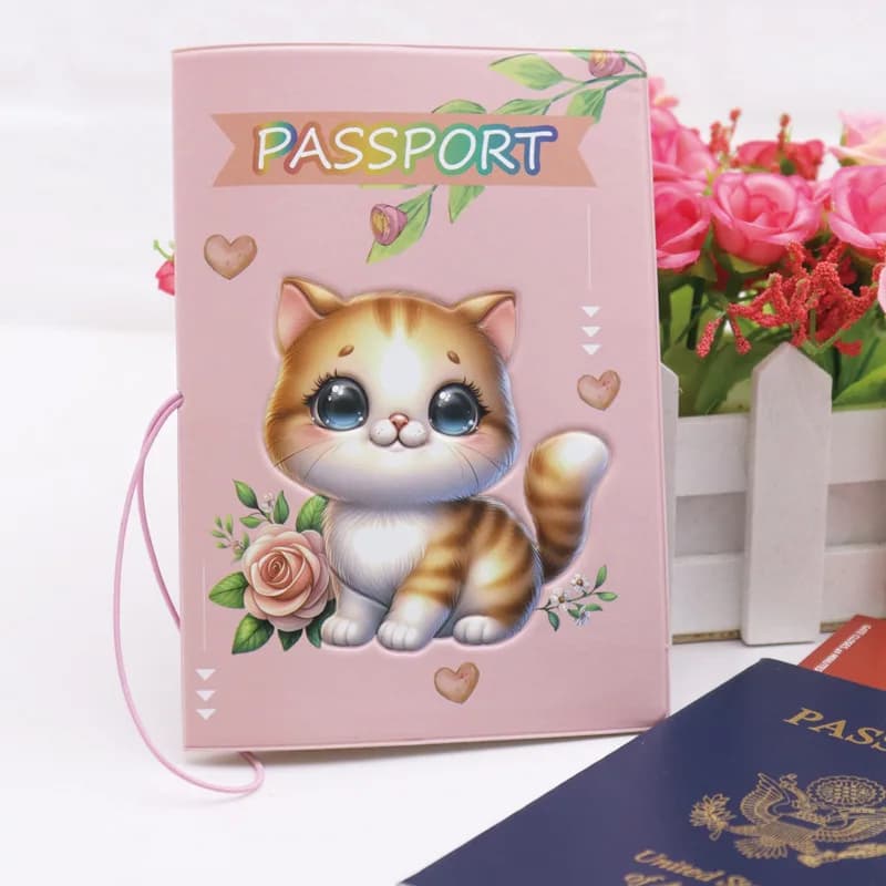 Porta passaporto per gatti adorabili per ragazze con slot interno per biglietti per portafoglio da viaggio Custodia protettiva per passaporto in cartone animato