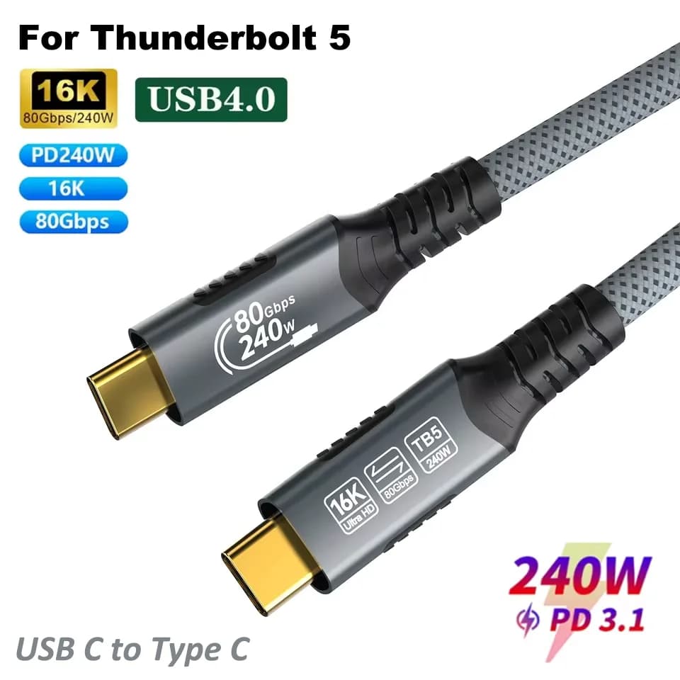 Cavo Thunderbolt 5 16K PD240W Cavo di ricarica rapida da USB-C a tipo C 8K a 60Hz USB4.0 Cavo di trasferimento dati da 80 Gbps per laptop iPhone 17