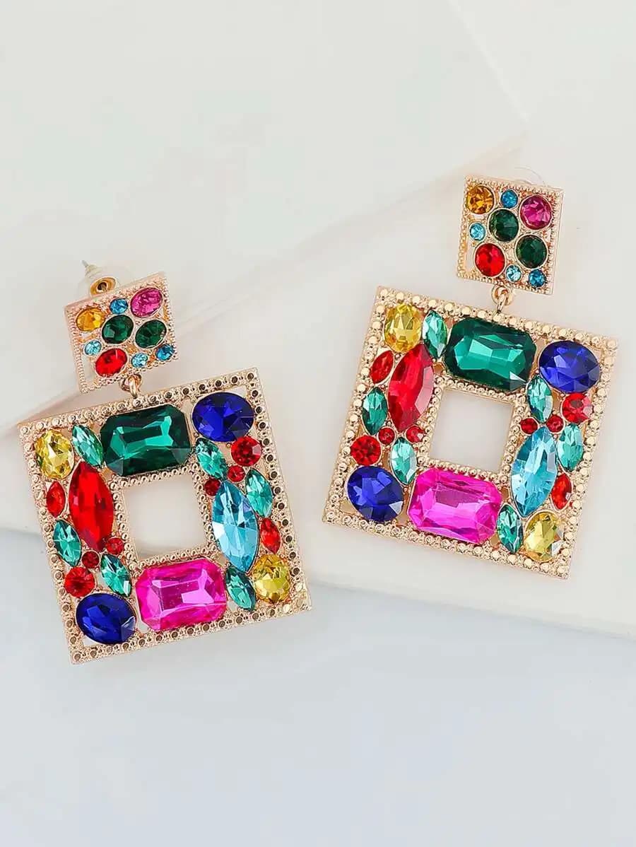 Colorful Rhinestone Square Drop Earrings For Women
