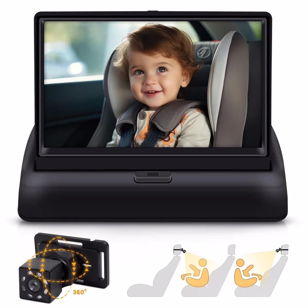 Telecamera per auto per bambini Display per specchio per auto con funzione di visione notturna HD da 4,3 pollici 360 ° Specchio monitorato con telecamera per seggiolino auto di sicurezza regolabile