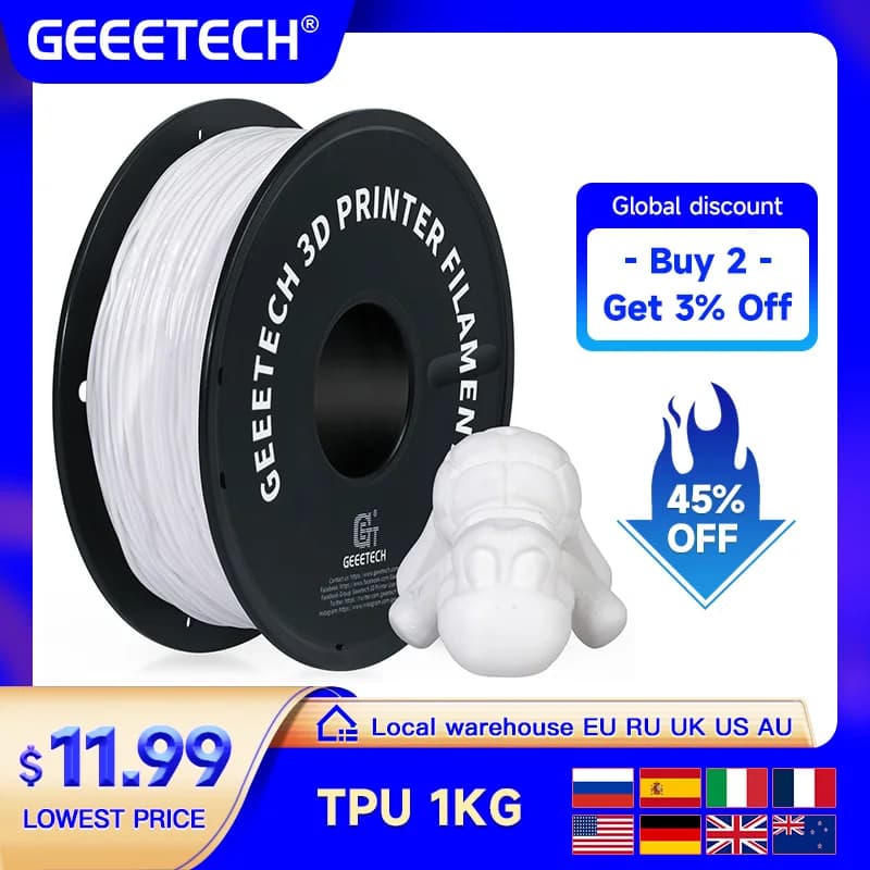 GEEETECH 3D Printer Flexible Material TPU Filament 1 kg 2,2 lb/bobine 1,75 mm Plastic Vacuum Packing, Non-toxic High Quality Safe