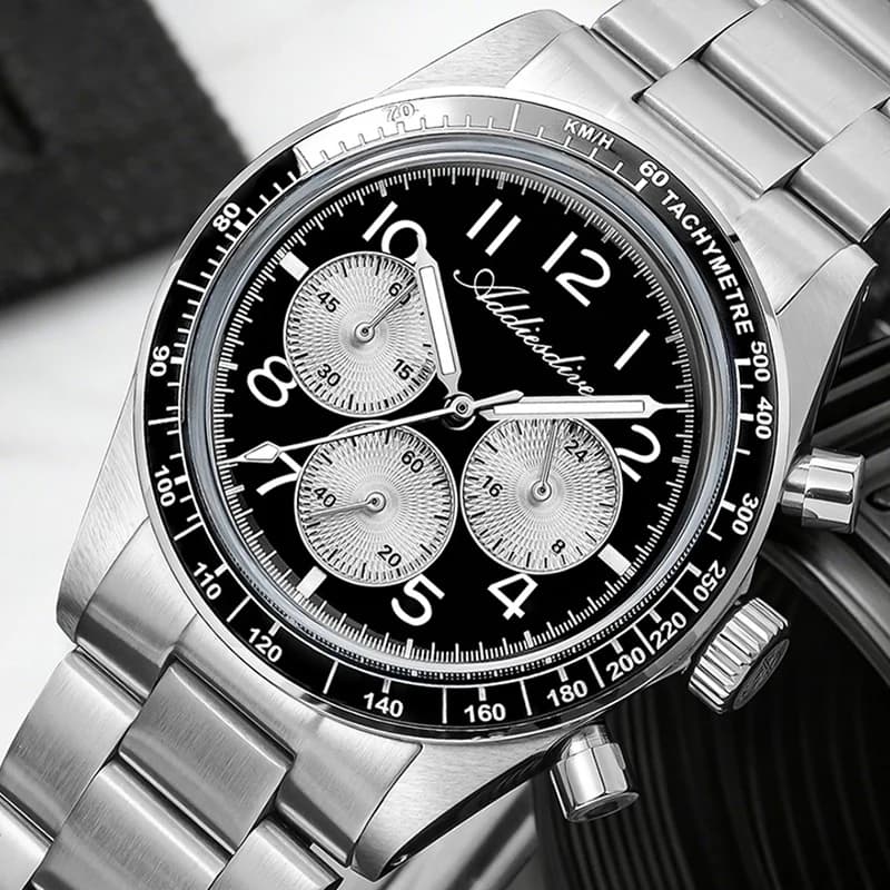ADDIESDIVE Men's watch 0S20 quartz chronograph, waterproof up to 100 m, super bright, with bombed glass and ceramic bezel