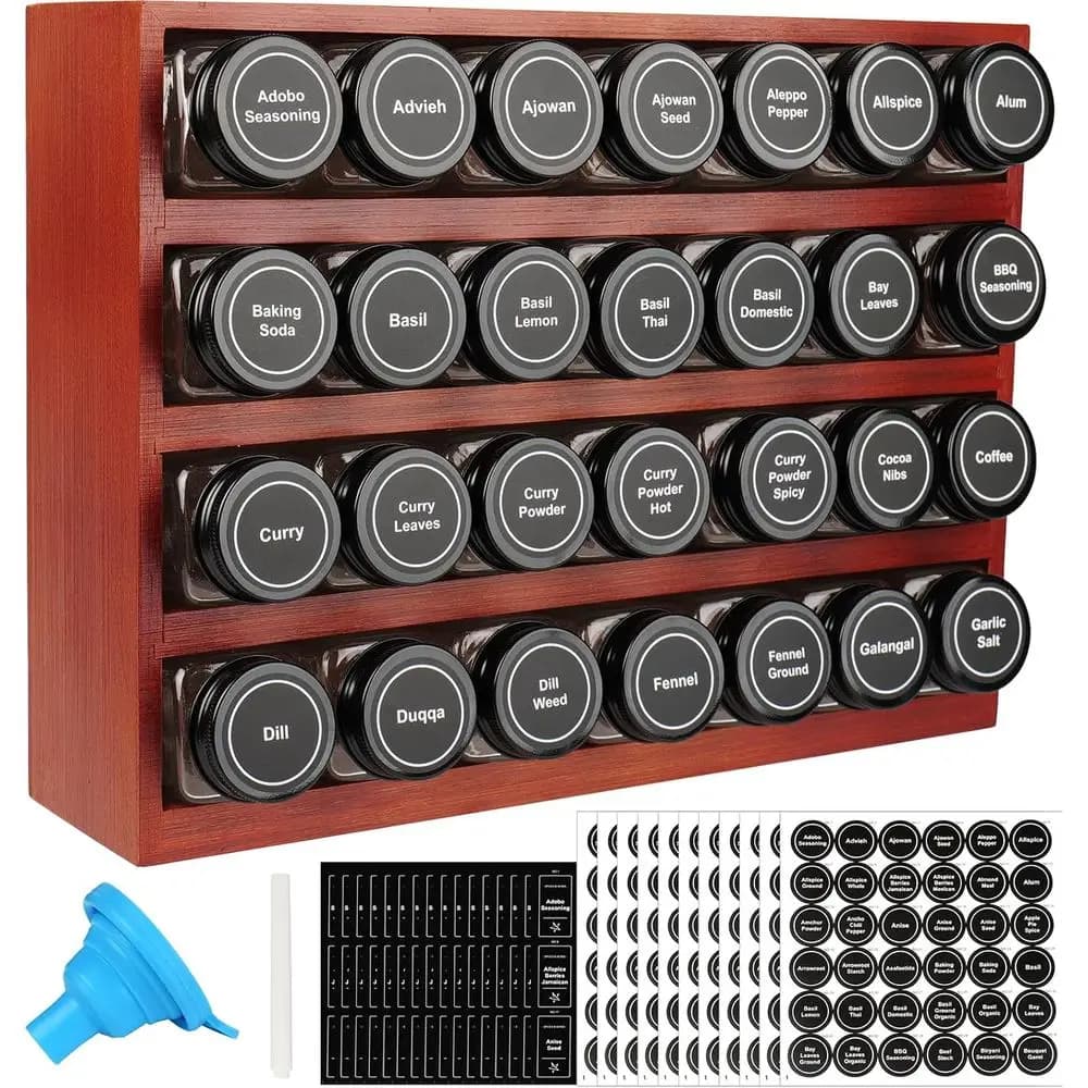 Portaspezie in Legno a 4 Livelli con 28 Barattoli, 780 Etichette, Pennarello a Gesso e Set Tunnel - Finitura Ciliegio, Barattoli in Vetro Vuoti da 4 oz