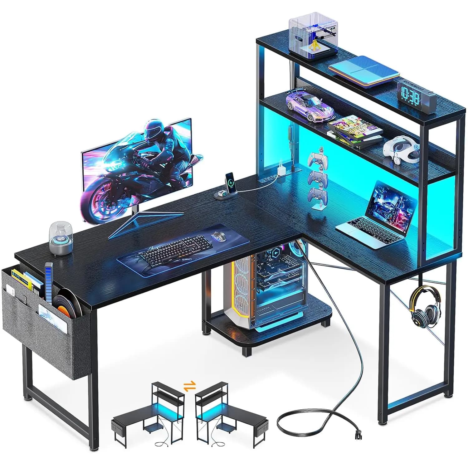 Scrivania da Gaming a L Reversibile da 43 Pollici con Prese di Corrente, Luci LED, Scaffali, Borsa Portaoggetti, per Ufficio Domestico, Personalizzabile