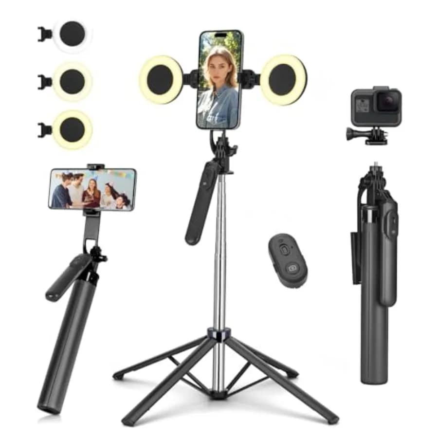 Metal Selfie Stick Tripod for iPhone with Light, 70 inch Cellphone Selfiestick with Remote, Phone Tripod Holder for Video Recor