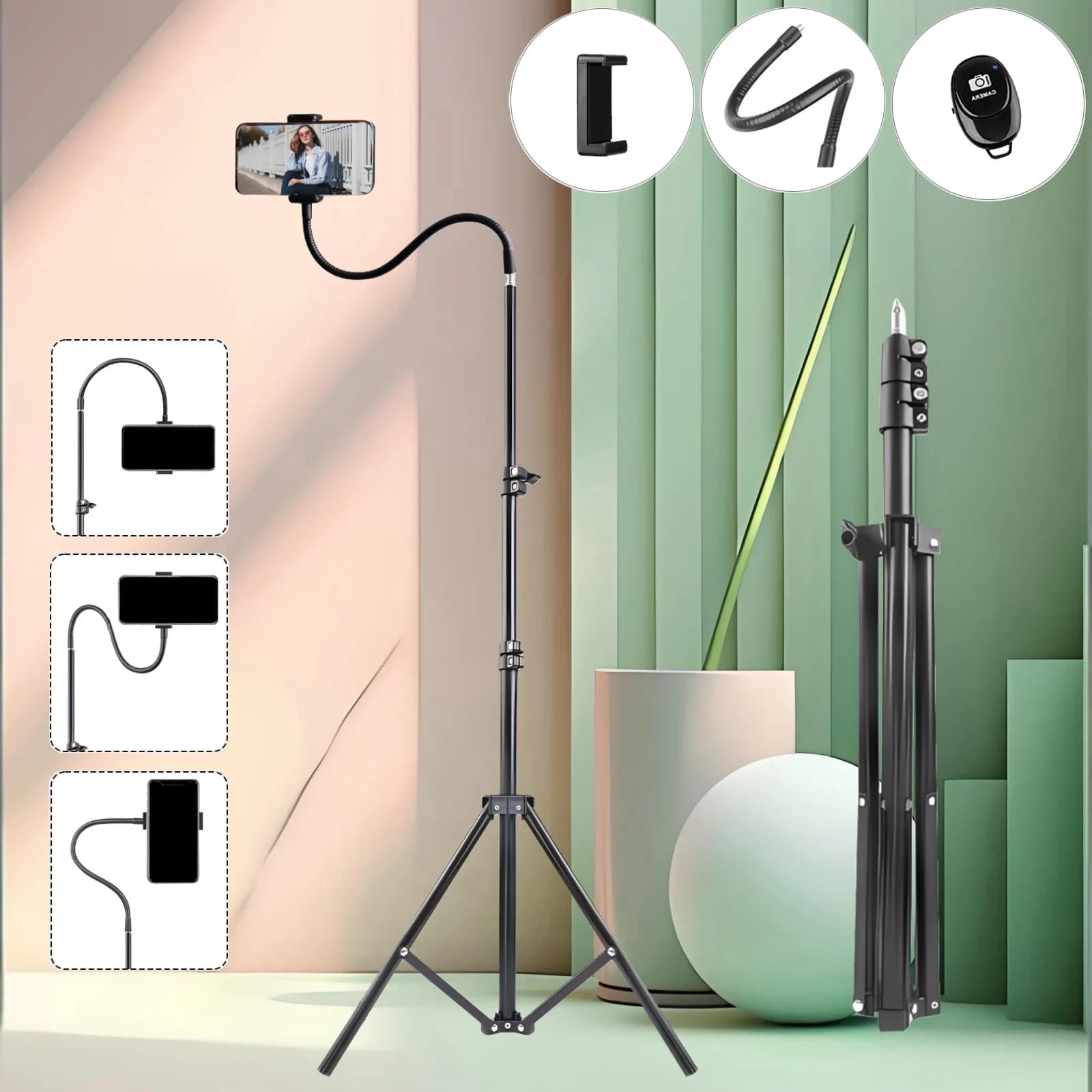 Treppiede Portatile in Alluminio da 160cm con Tubo Flessibile Regolabile da 35cm, Clip per Telefono Staccabile e Telecomando Wireless per Riprese all'Aperto