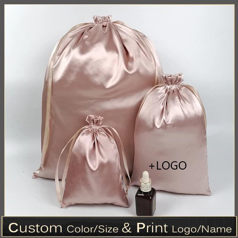 20 pezzi logo personalizzato borsa con coulisse in raso di seta oro rosa trucco scarpe vestiti estensioni dei capelli vergini parrucche sacchetti per imballaggio