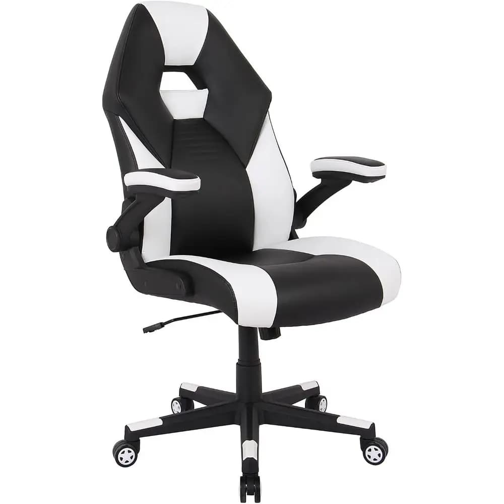 Sedia da gaming con schienale alto in pelle incollata, bianca e nera