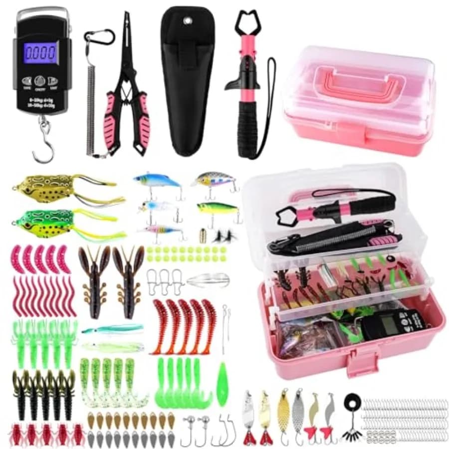 Scatola da Pesca Rosa a 3 Strati con Attrezzatura Inclusa, Kit di Strumenti da Pesca con Pinze, Pinza per Pesci, Bilancia, Crankbait, Spinner