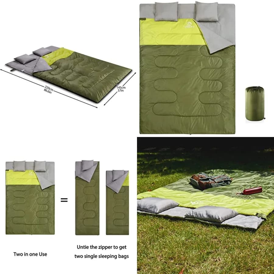 Sacco a Pelo Doppio per Adulti con 2 Cuscini - Sacco a Pelo Impermeabile XL Queen Size per Campeggio, Escursionismo e Backpacking in Tutte le Stagioni