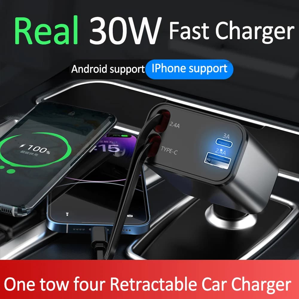Caricabatteria da auto veloce da 120 W, adattatore per caricabatteria da auto con ricarica retrattile 4 in 1, cavi retrattili (2,6 piedi) USB-C e 2 porte USB